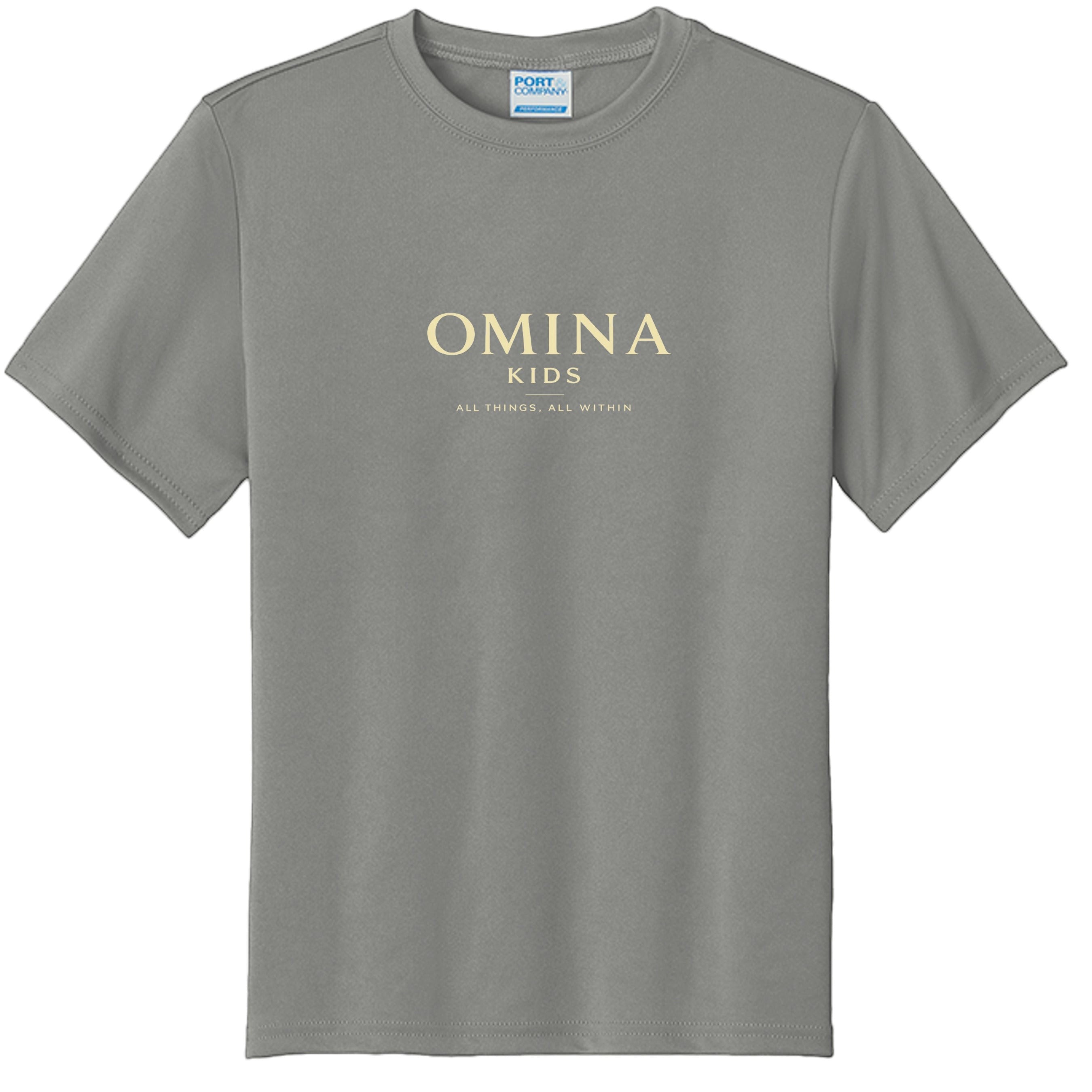 Omina Kids grey cotton t-shirt with "OMINA KIDS ALL THINGS, ALL WITHIN" text graphic on chest.