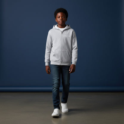 Omina Kids light grey full zip hoodie with minimalist logo on chest and "Future In Motion" graphic on back.
