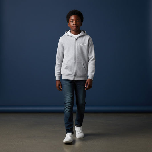 Omina Kids light grey full zip hoodie with minimalist logo on chest and "Future In Motion" graphic on back.