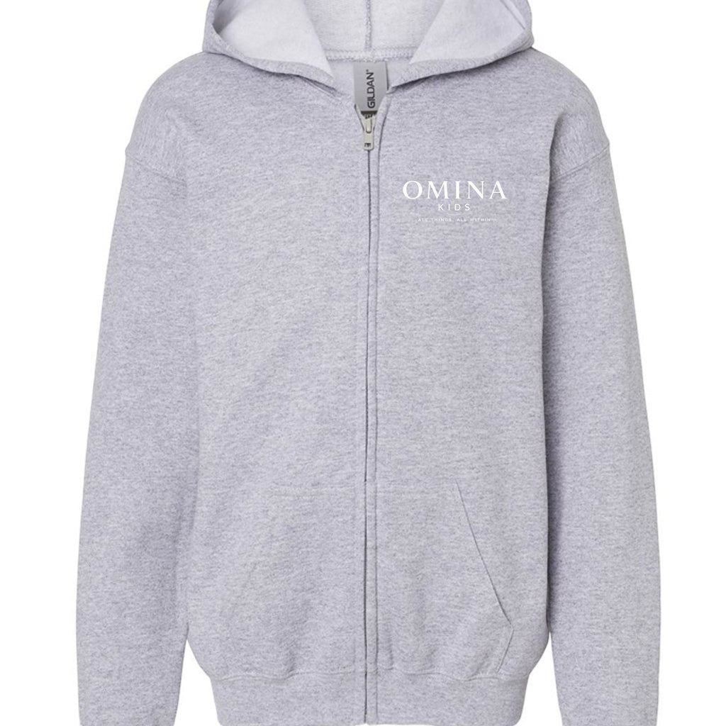 Omina Kids light grey full zip hoodie with white chest logo and 'Future In Motion' graphic on back. Soft premium fabric.