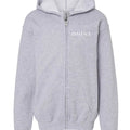 Omina Kids light grey full zip hoodie with white chest logo and 'Future In Motion' graphic on back. Soft premium fabric.