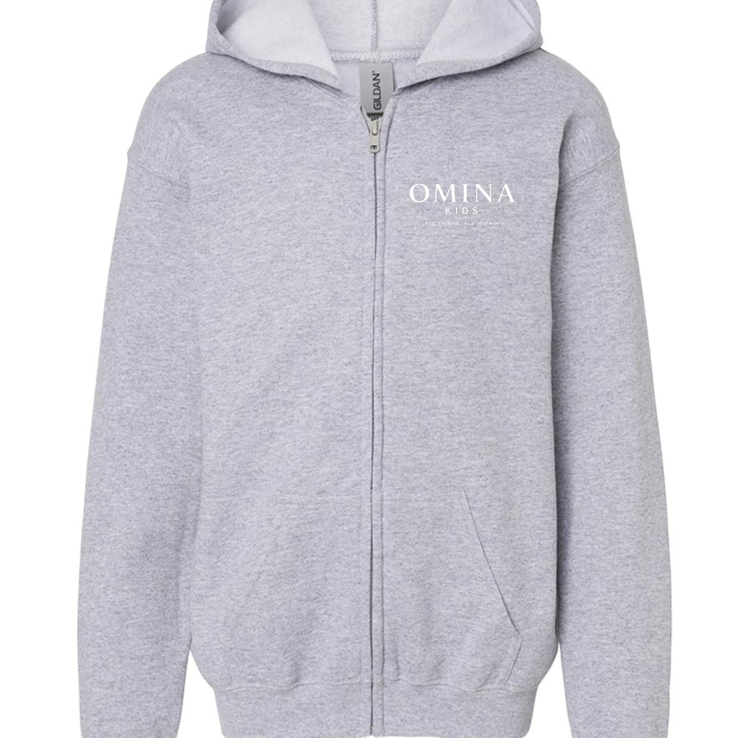 Omina Kids light grey full zip hoodie with white chest logo and 'Future In Motion' graphic on back. Soft premium fabric.