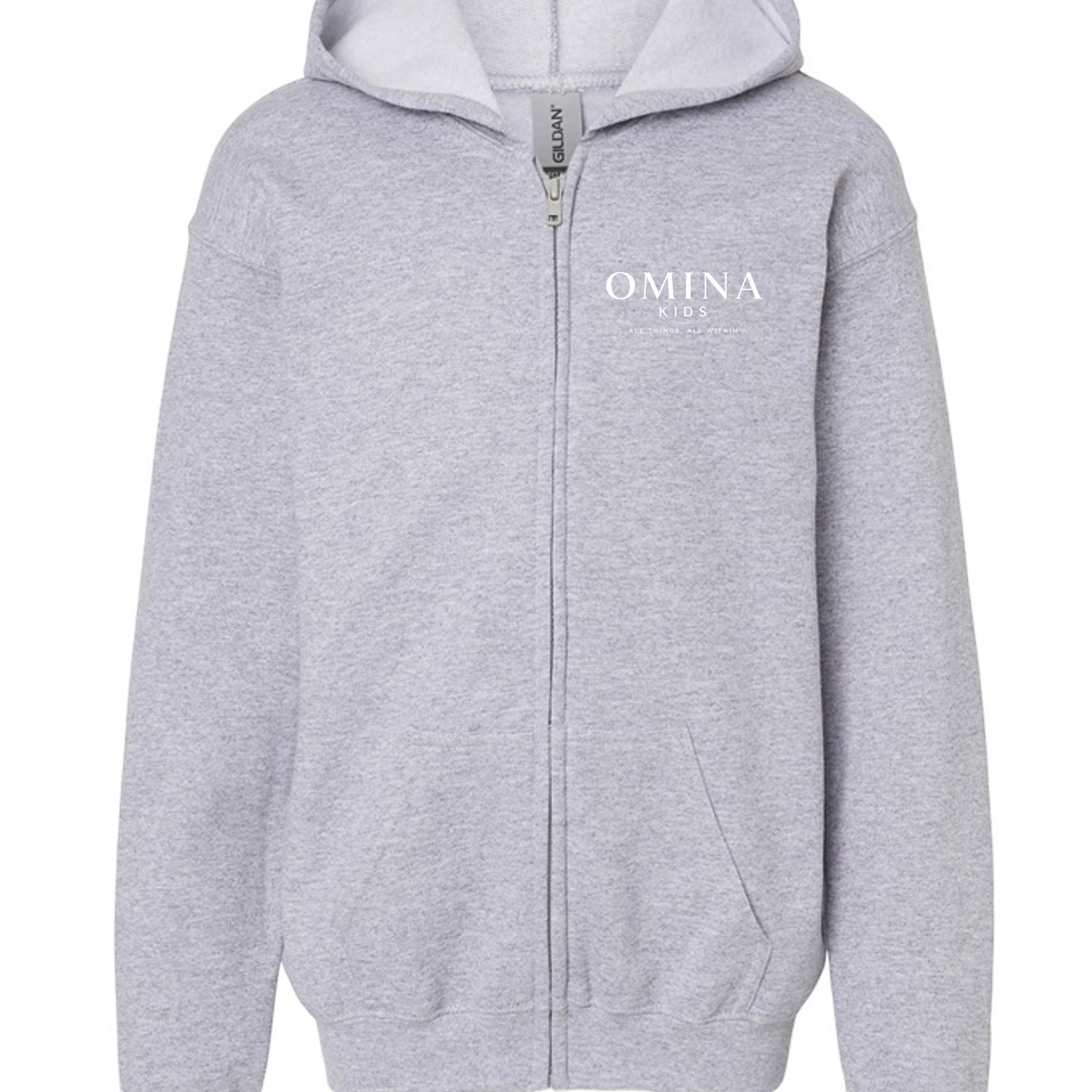 Omina Kids light grey full zip hoodie with white chest logo and 'Future In Motion' graphic on back. Soft premium fabric.