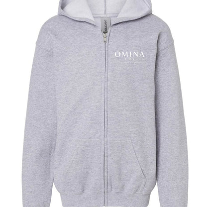 Omina Kids light grey full zip hoodie with white chest logo and 'Future In Motion' graphic on back. Soft premium fabric.
