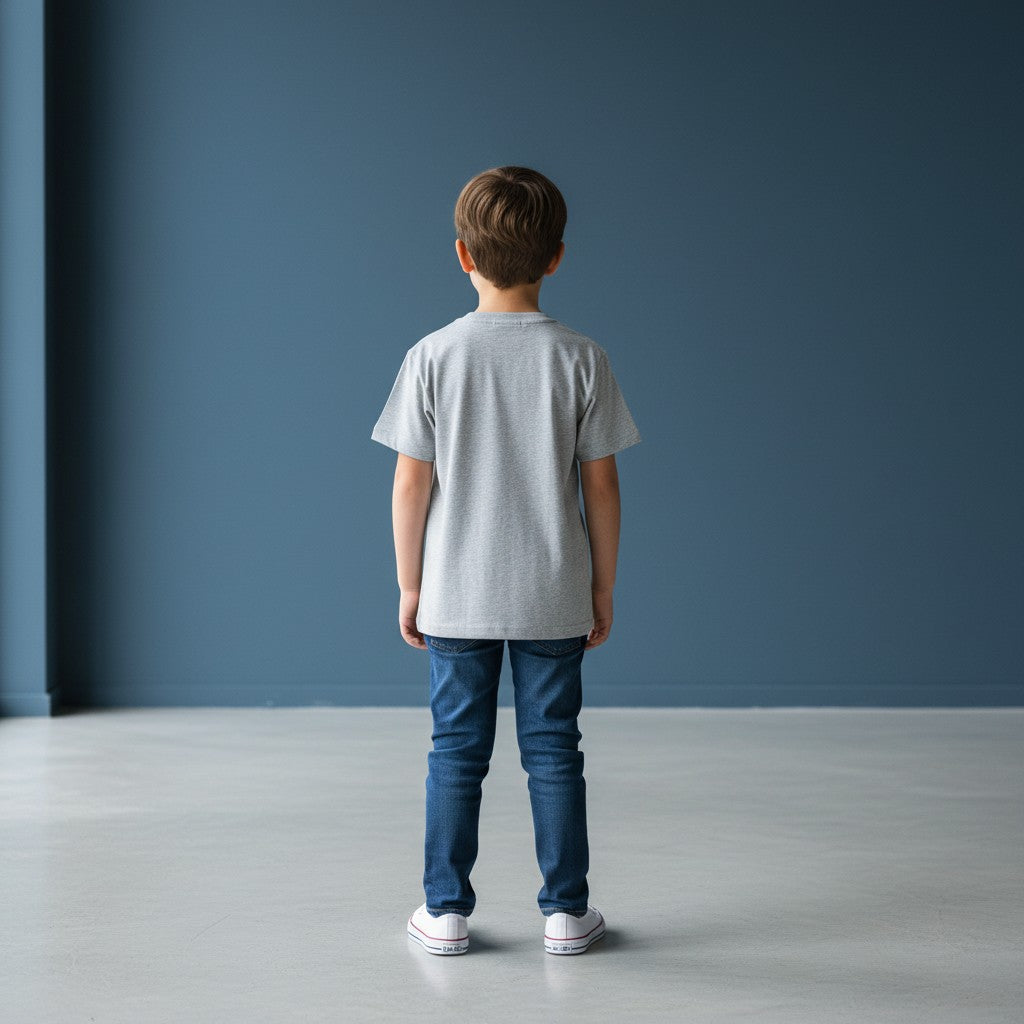 Omina Kids grey Sorona quick-dry cooling t-shirt with minimal logo on chest. Soft, breathable, and lightweight.
