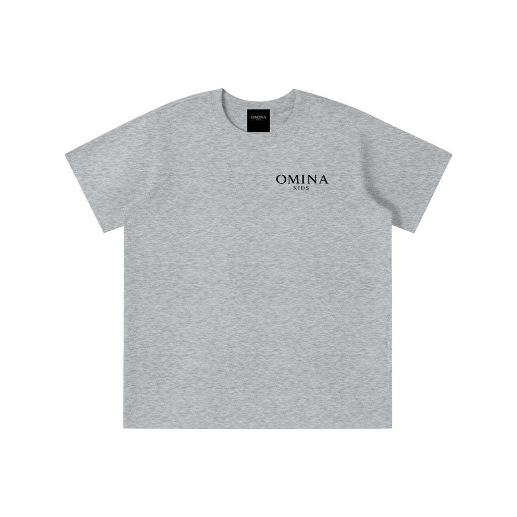 Omina Kids grey Sorona quick-dry cooling t-shirt with minimal logo on chest. Soft, breathable, and lightweight.