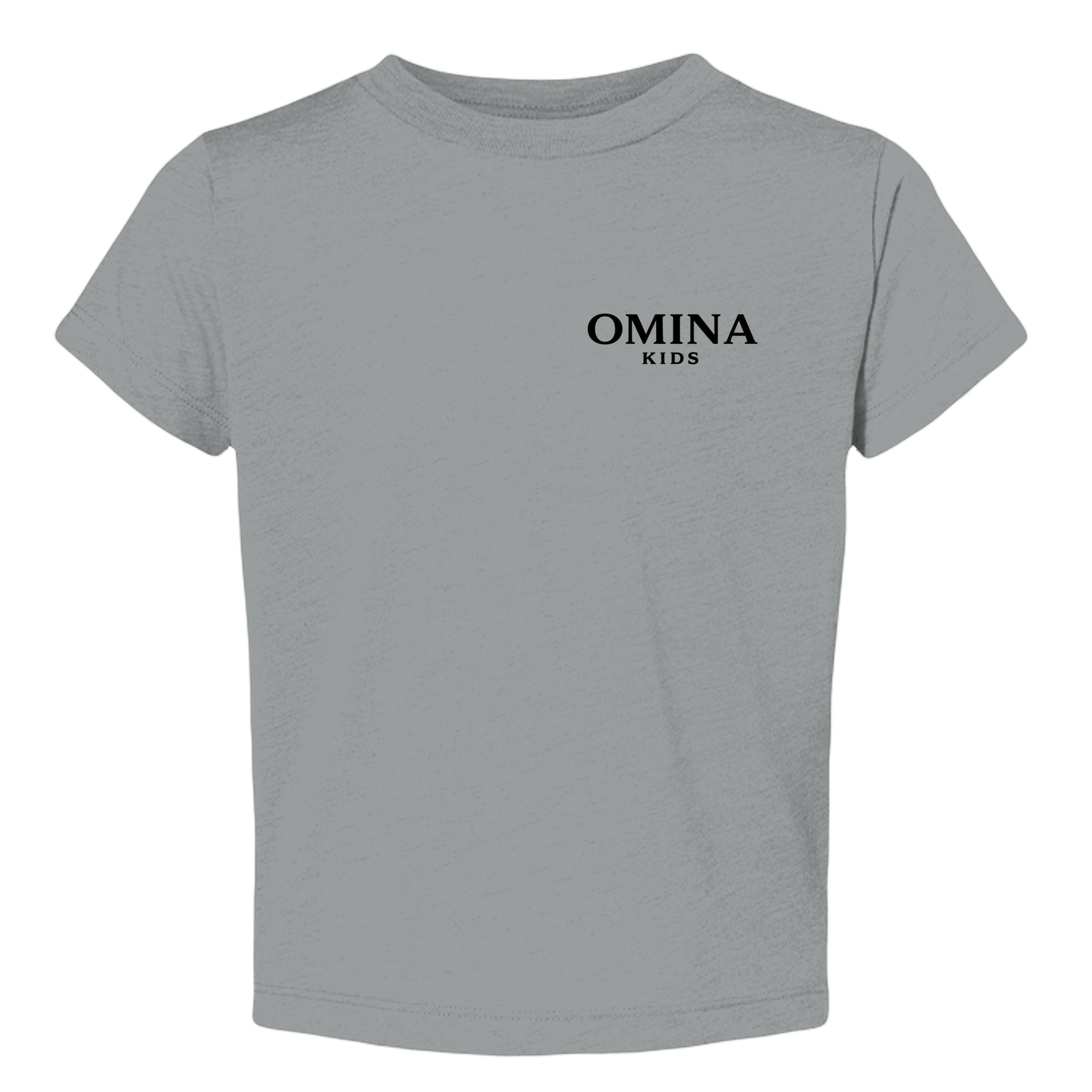Omina Kids grey triblend toddler tee with "SMALL HUMAN. BIG ENERGY." graphic on chest. Modern fit.