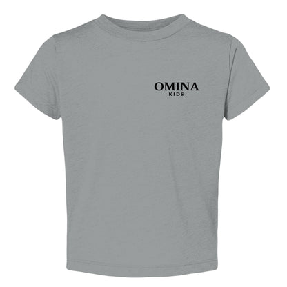 Omina Kids grey triblend toddler tee with "SMALL HUMAN. BIG ENERGY." graphic on chest. Modern fit.