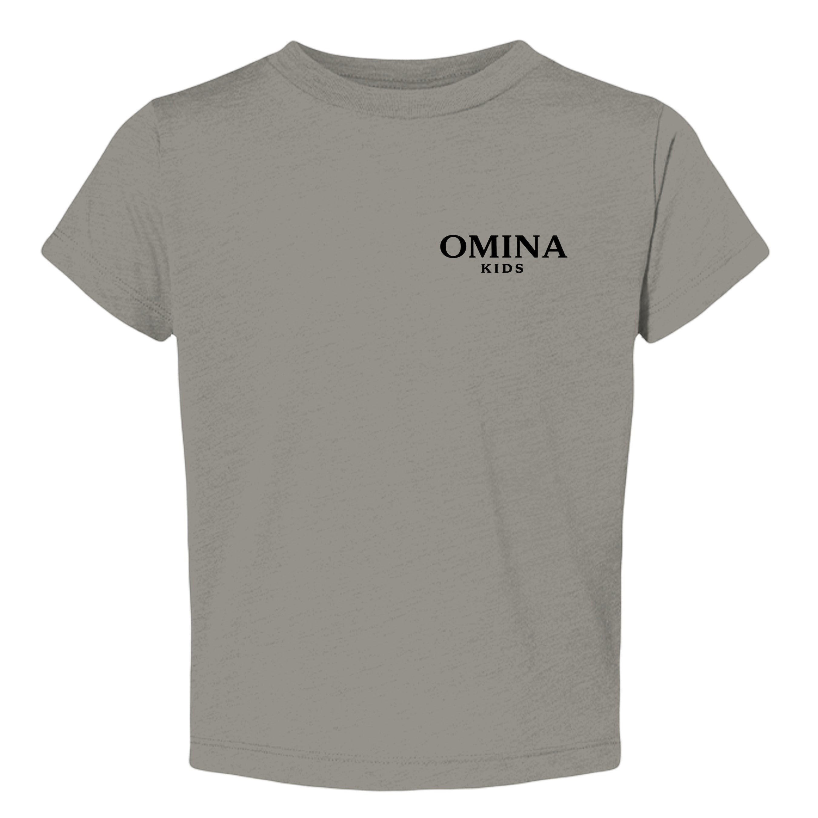 Omina Kids toddler tee in grey triblend fabric with "SMALL HUMAN. BIG ENERGY." graphic on chest.
