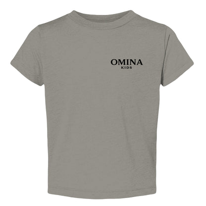 Omina Kids toddler tee in grey triblend fabric with "SMALL HUMAN. BIG ENERGY." graphic on chest.