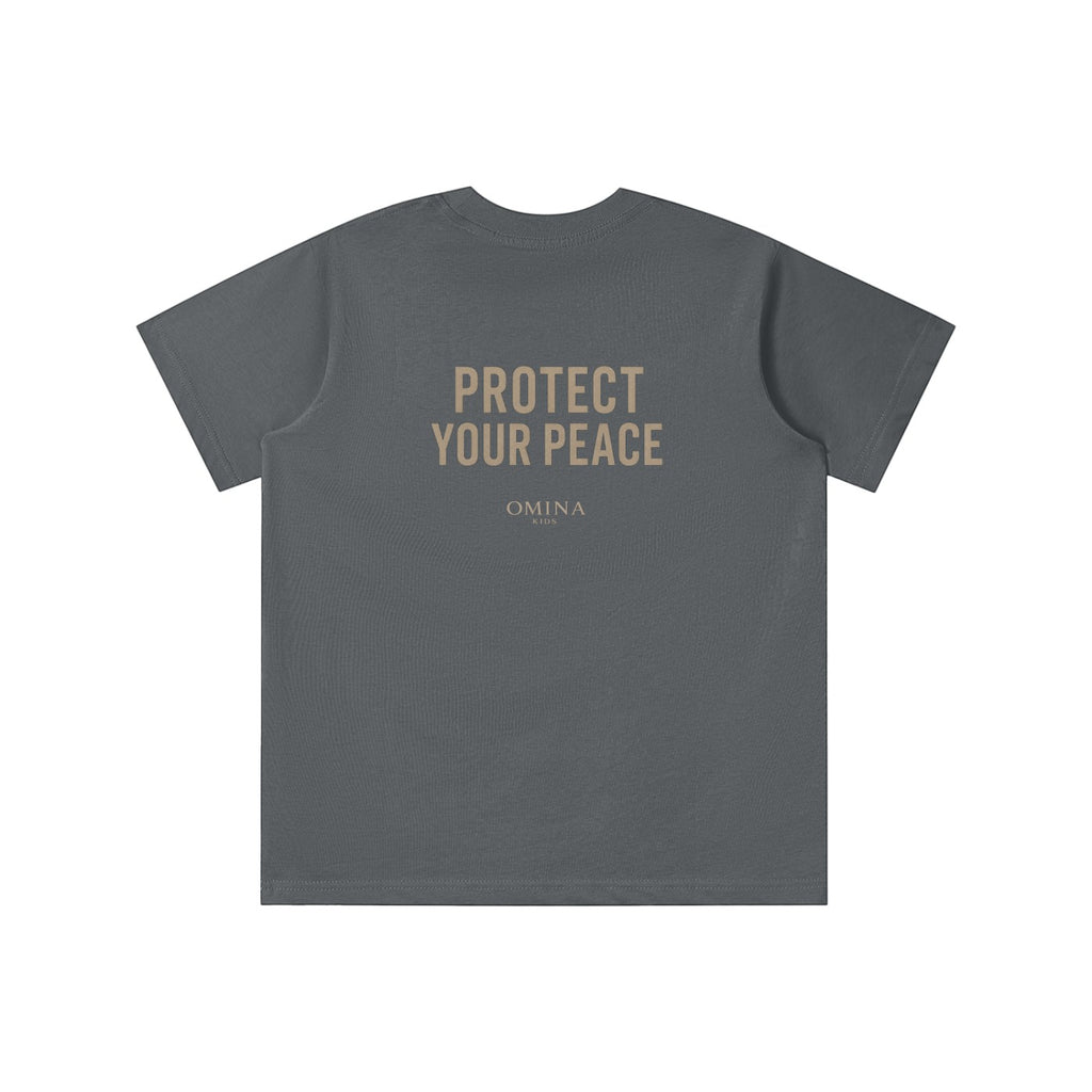 Omina Kids dark grey t-shirt with "PROTECT YOUR PEACE" and Omina Kids logo on back. Relaxed fit, soft fabric.