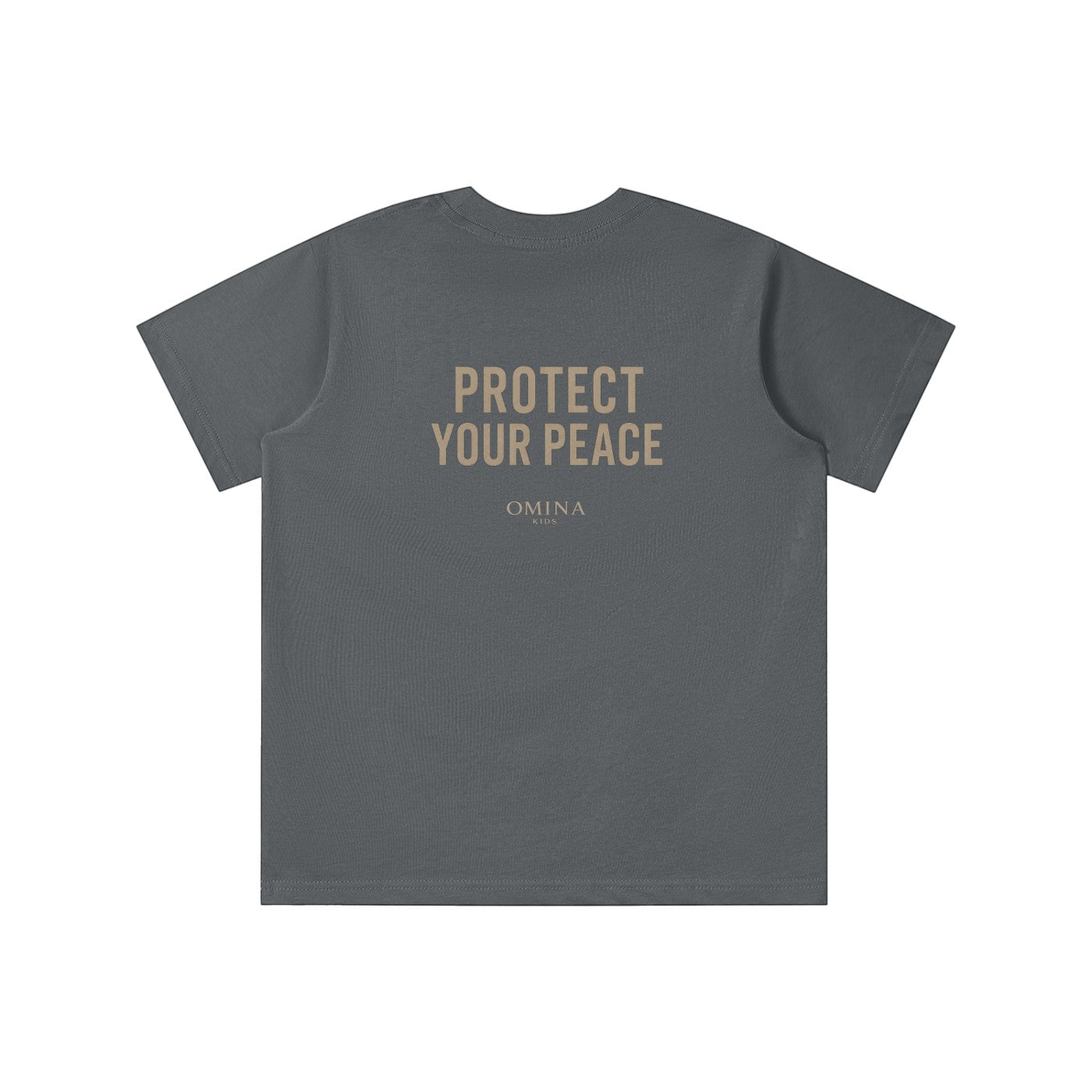 Omina Kids dark grey t-shirt with "PROTECT YOUR PEACE" and Omina Kids logo on back. Relaxed fit, soft fabric.