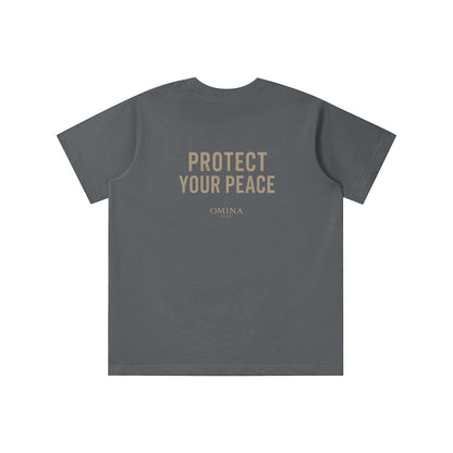 Omina Kids dark grey t-shirt with "PROTECT YOUR PEACE" and Omina Kids logo on back. Relaxed fit, soft fabric.