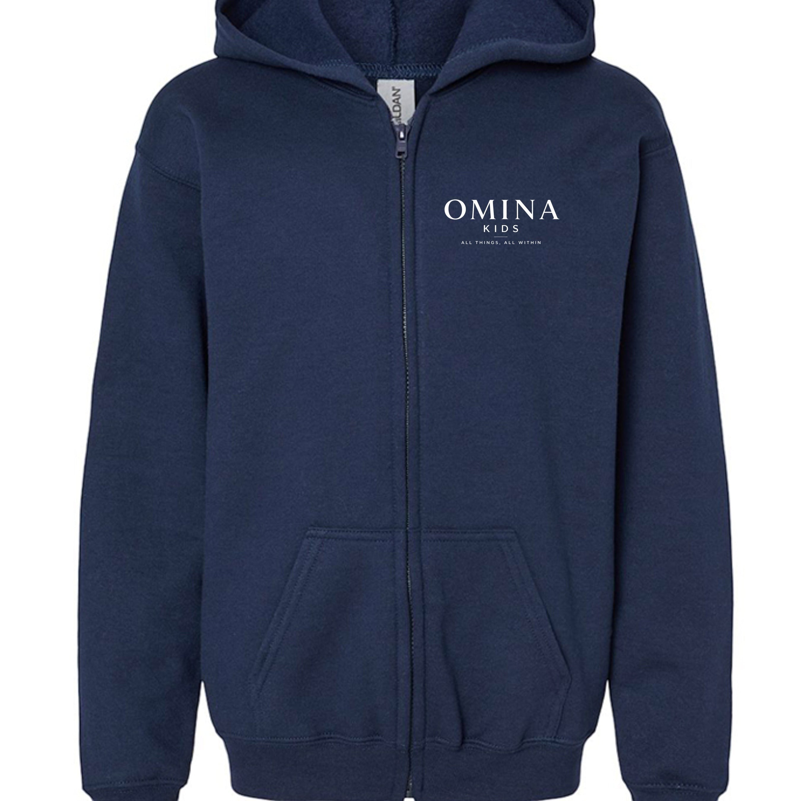 Omina Kids navy blue full zip hoodie with minimalist logo on chest and "Future In Motion" graphic on back.