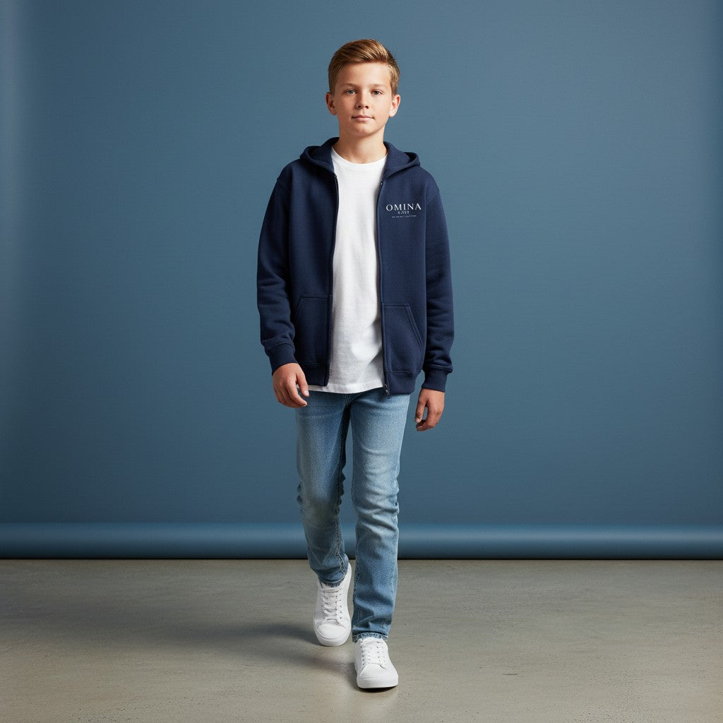 Omina Kids navy blue full zip hoodie with front pockets and minimalist chest logo. Future In Motion graphic on back.