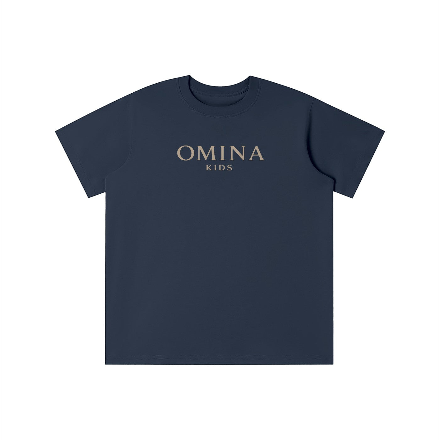 Omina Kids navy blue t-shirt with subtle beige Omina Kids logo on the chest. Relaxed fit, made for comfort and play.