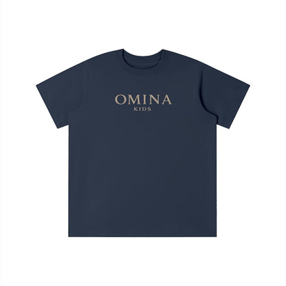 Omina Kids navy blue t-shirt with subtle beige Omina Kids logo on the chest. Relaxed fit, made for comfort and play.