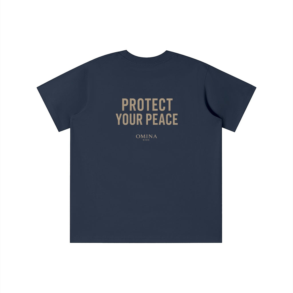 Omina Kids navy blue t-shirt with "PROTECT YOUR PEACE" and Omina Kids logo on back.