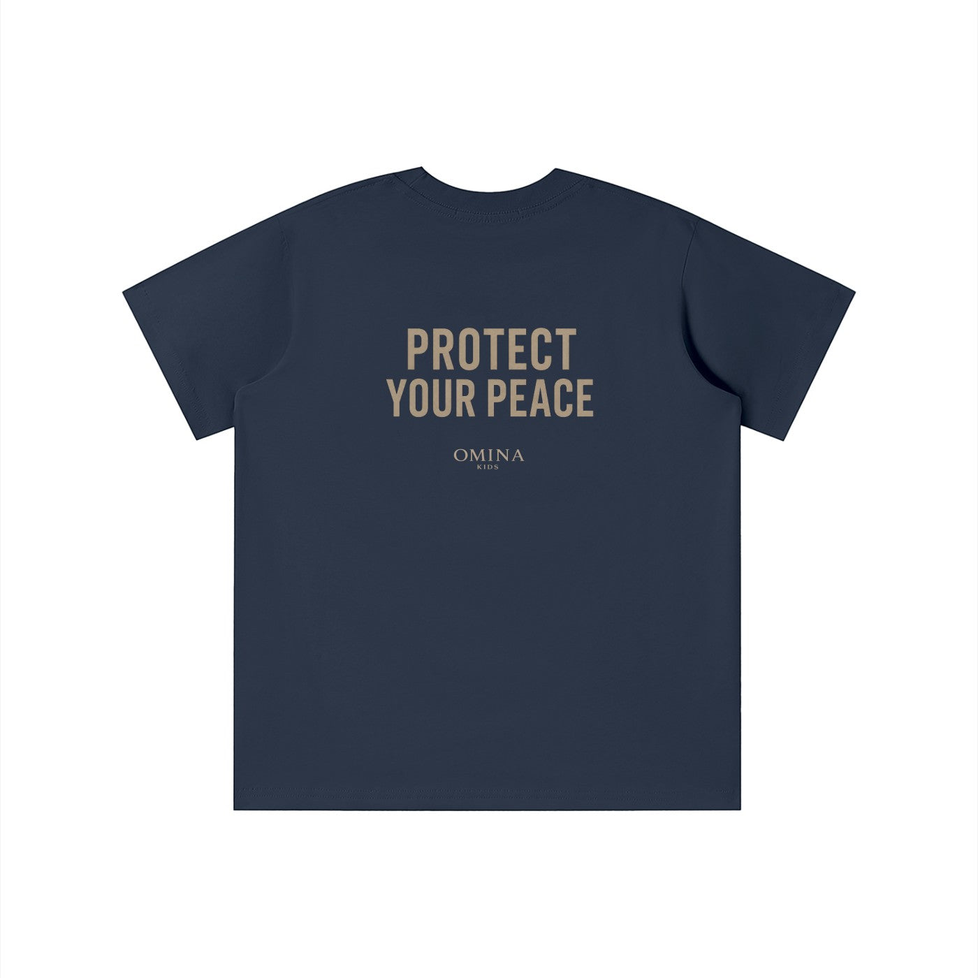 Omina Kids navy blue t-shirt with "PROTECT YOUR PEACE" and Omina Kids logo on back.