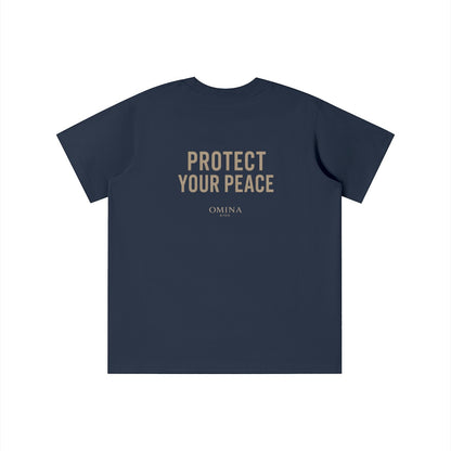 Omina Kids navy blue t-shirt with "PROTECT YOUR PEACE" and Omina Kids logo on back.