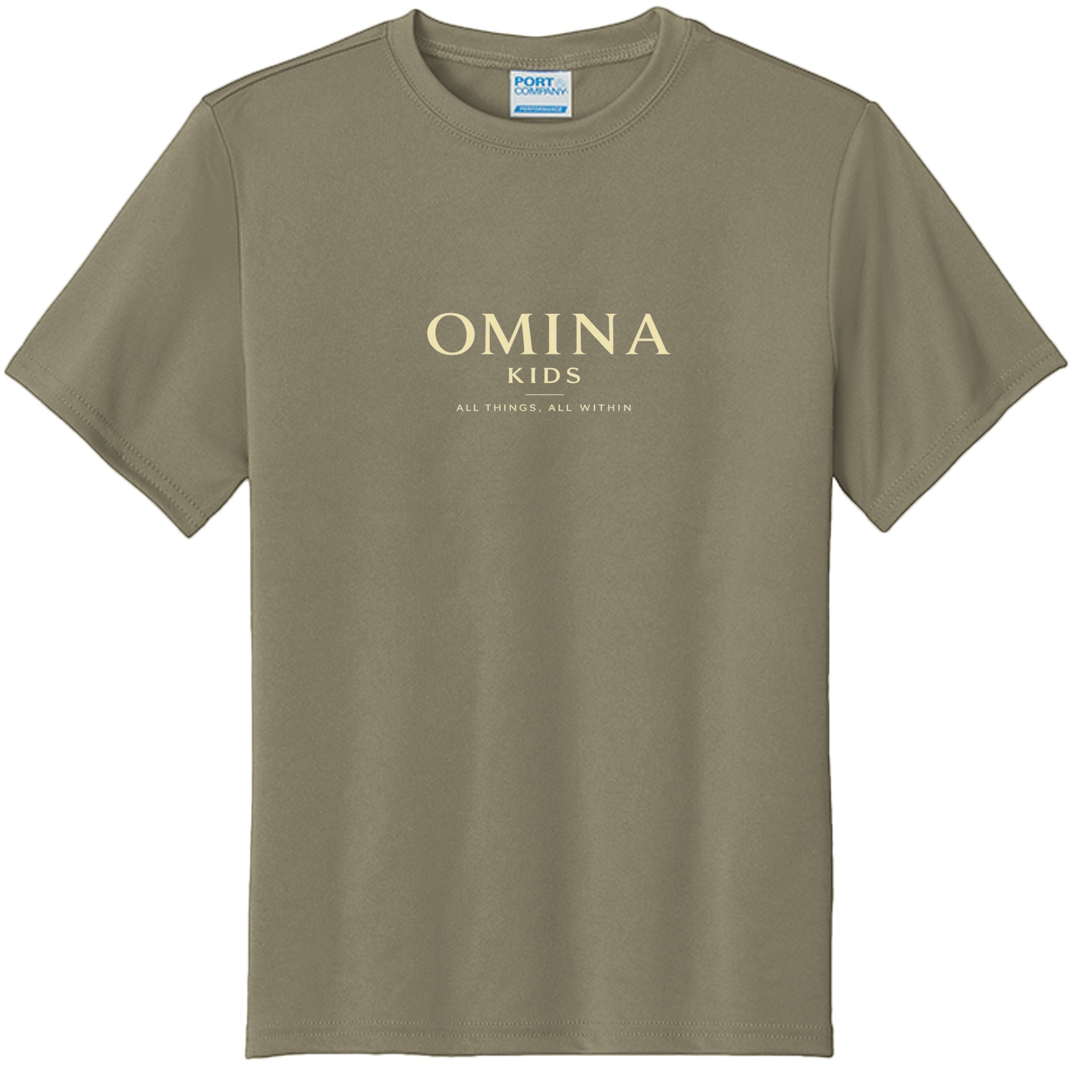 Omina Kids olive green cotton t-shirt with "OMINA KIDS ALL THINGS, ALL WITHIN" text graphic.