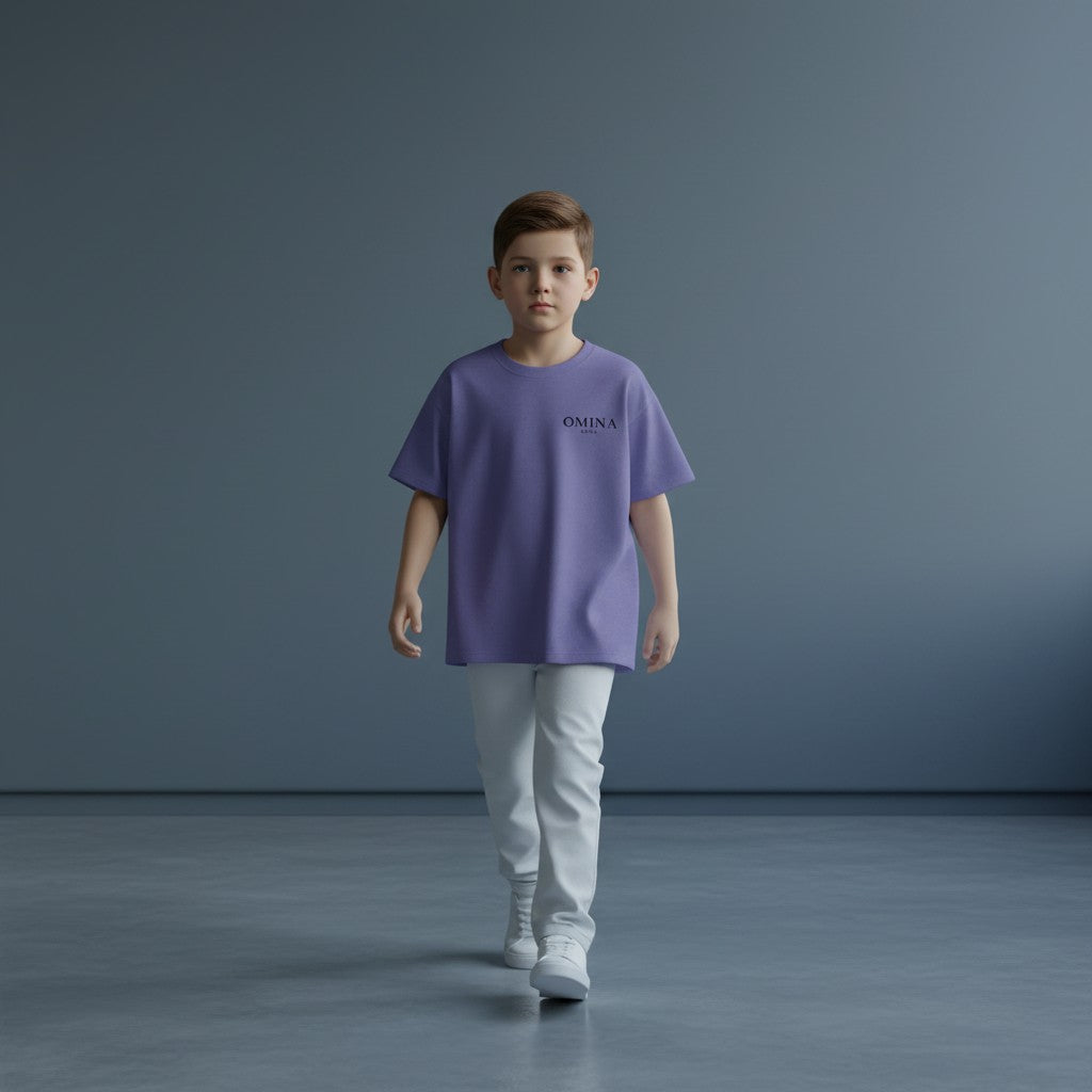 Omina Kids purple Sorona quick-dry cooling t-shirt with relaxed fit and minimal design.