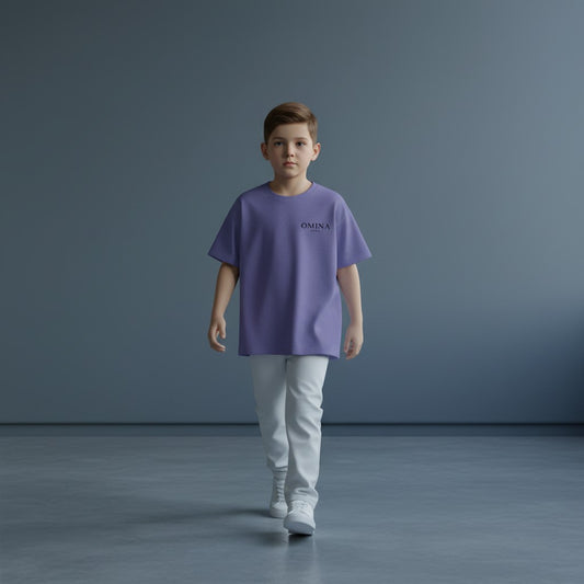 Omina Kids purple Sorona quick-dry cooling t-shirt with relaxed fit and minimal design.