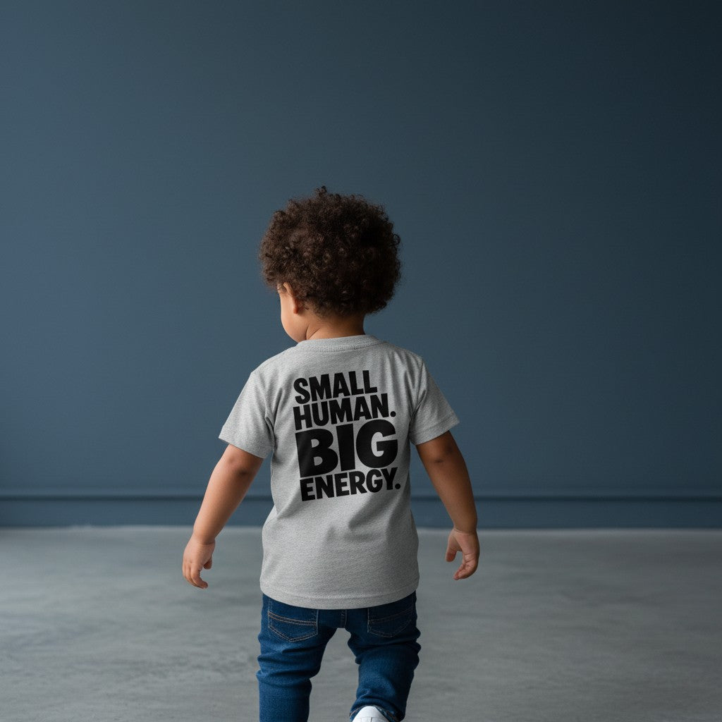 Omina Kids toddler tee in heather grey triblend fabric with black "SMALL HUMAN. BIG ENERGY." graphic print.