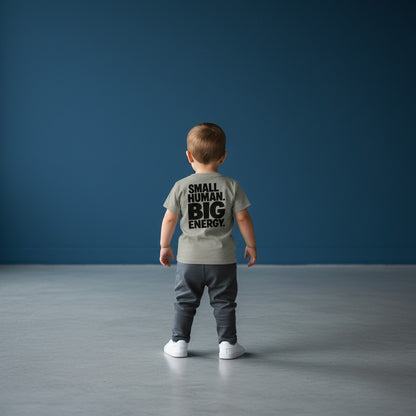 Omina Kids toddler tee in grey triblend fabric with black text "SMALL HUMAN. BIG ENERGY."