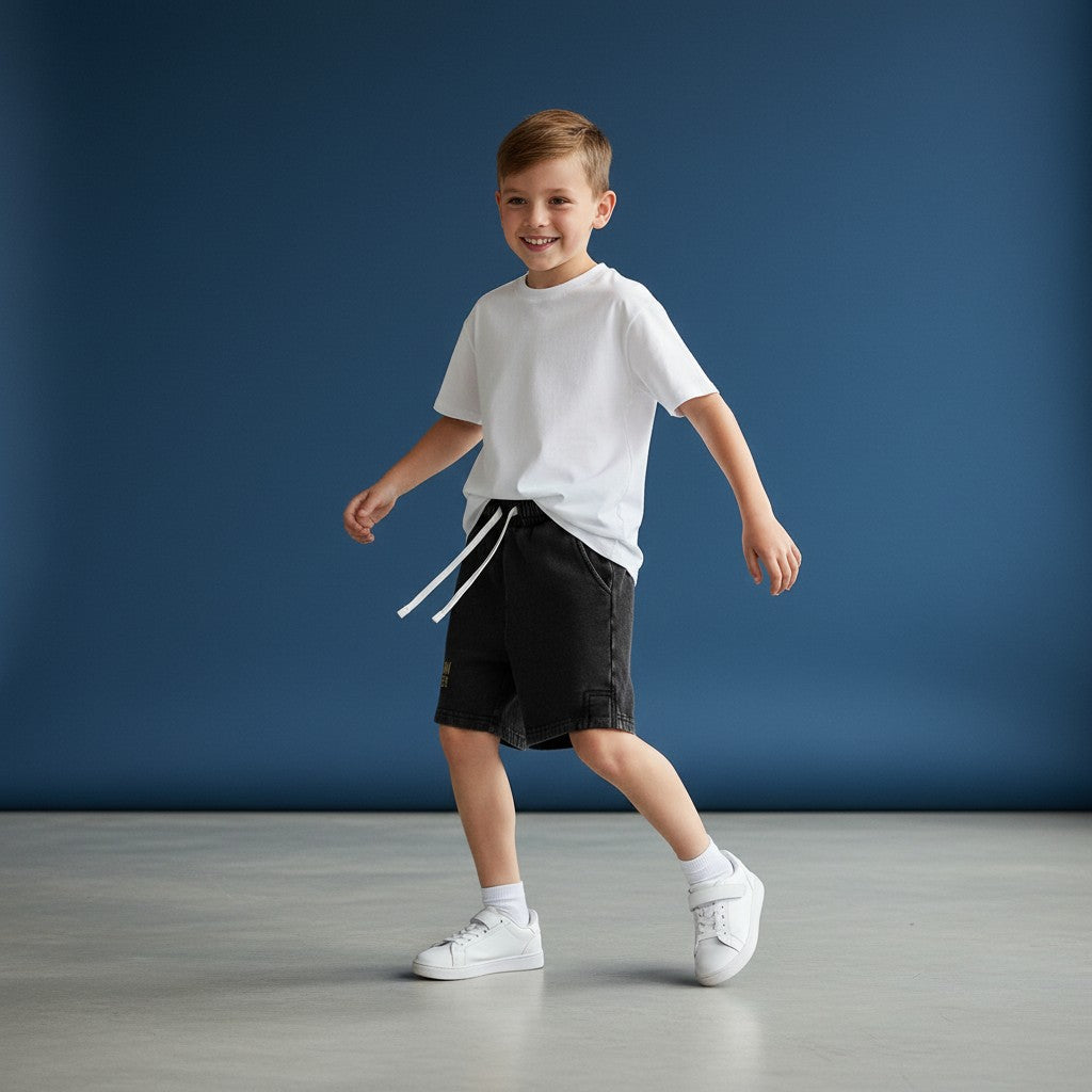 Omina Kids snow-washed black shorts with elastic waistband, white drawstring, and "DREAM BIGGER" graphic.