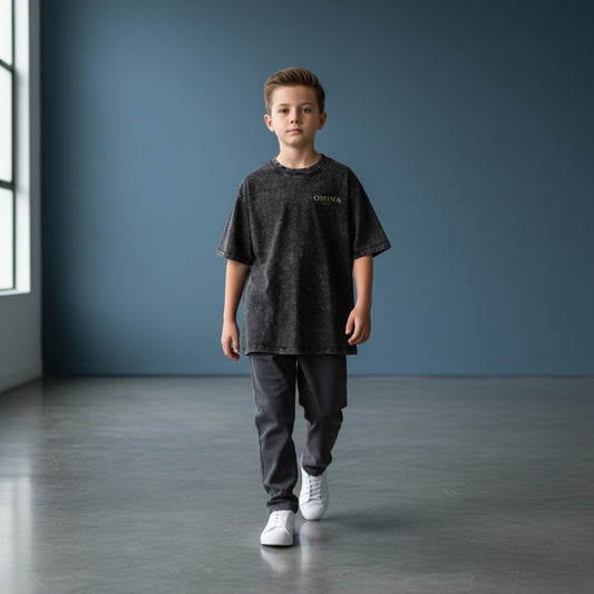 Omina Kids snow washed charcoal grey 100% cotton loose fit t-shirt with short sleeves and round neck.