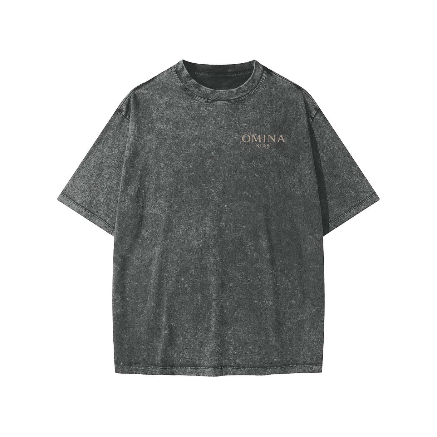Omina Kids snow washed charcoal grey 100% cotton t-shirt with short sleeves and a round neck.