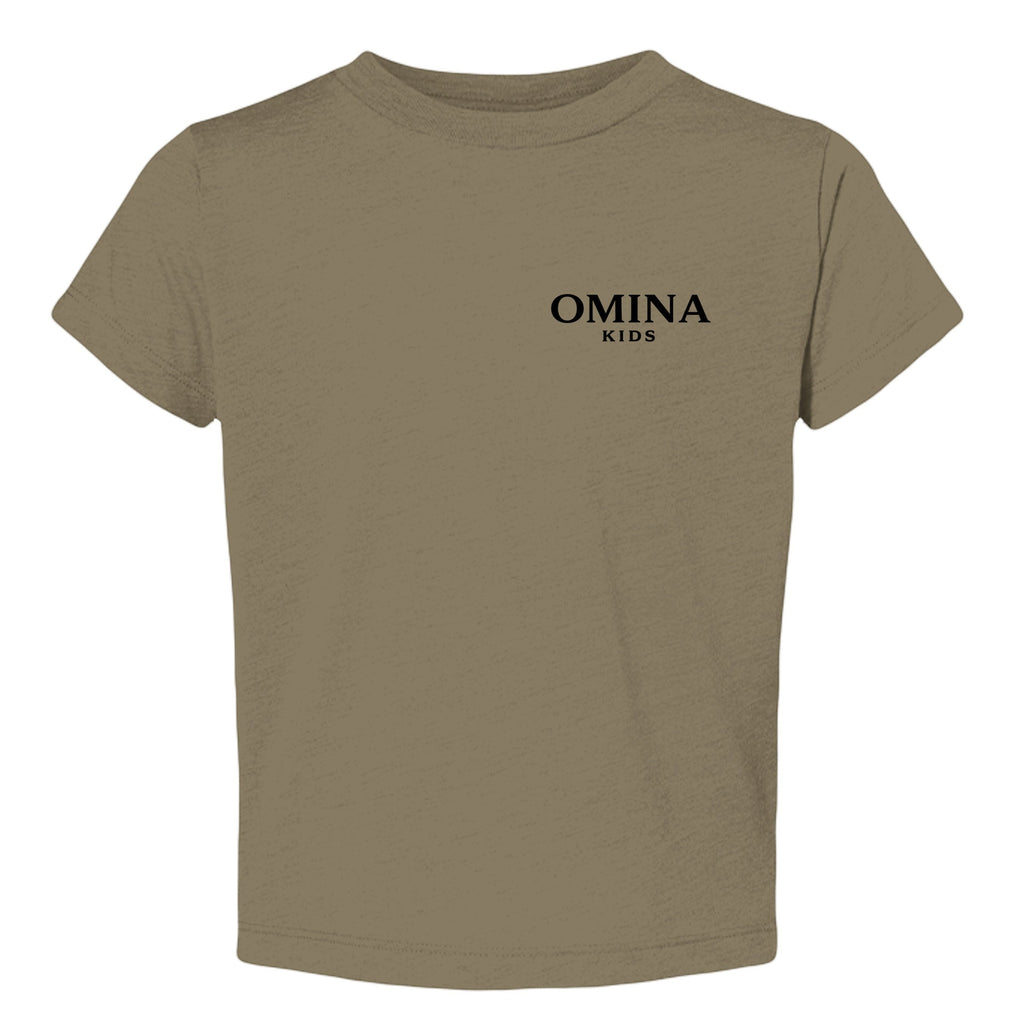 Omina Kids toddler tee in olive green, featuring the "SMALL HUMAN. BIG ENERGY." text on the front.