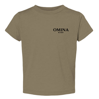 Omina Kids toddler tee in olive green, featuring the "SMALL HUMAN. BIG ENERGY." text on the front.
