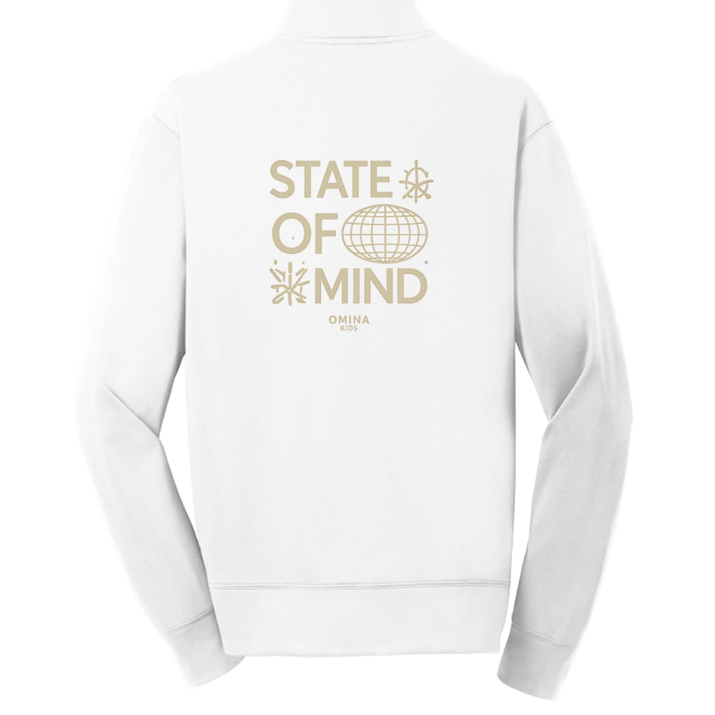 Omina Kids white 100% polyester full-zip jacket with cadet collar and "State of Mind" graphic on back.