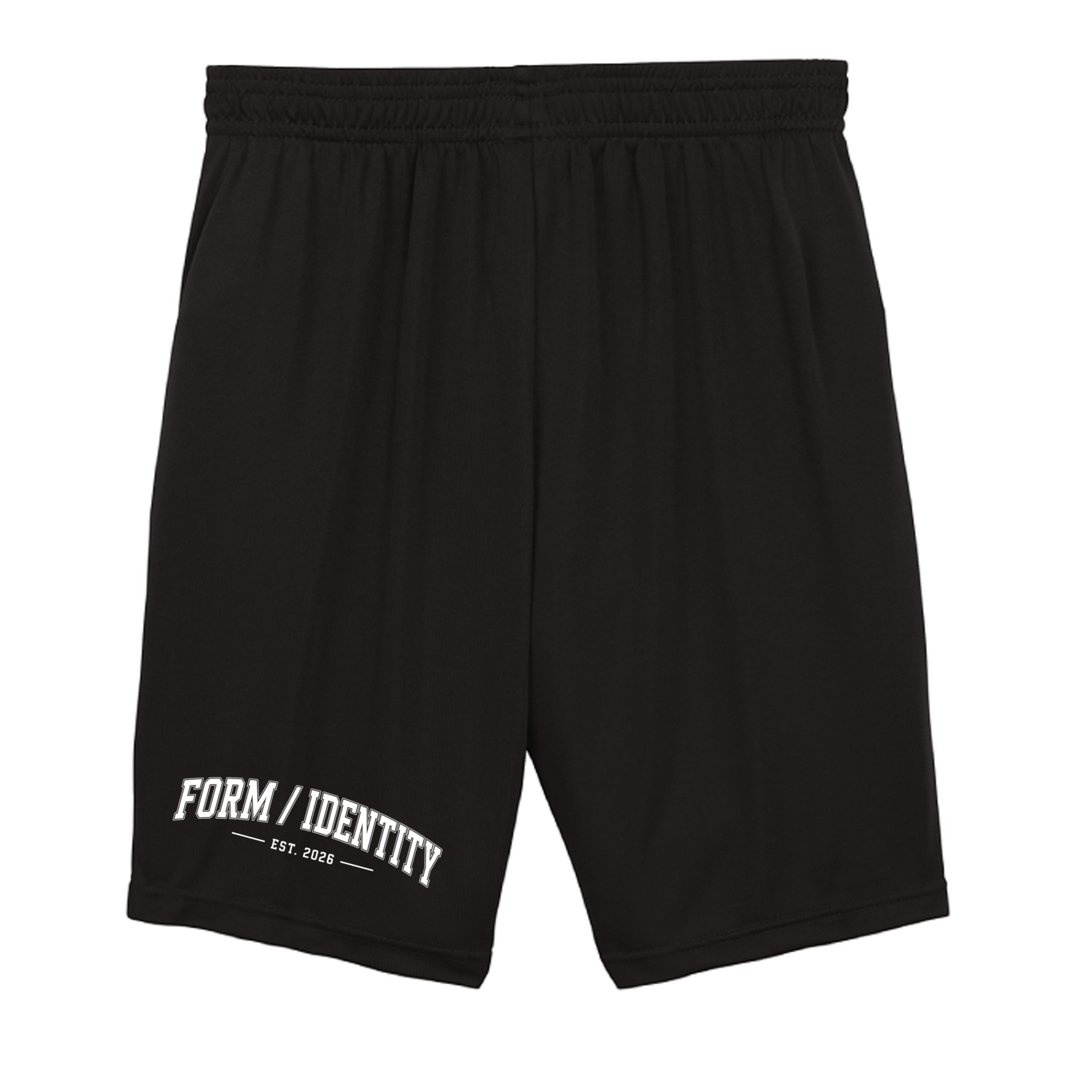 Omina Kids Youth black shorts with elastic waistband and white 'FORM / IDENTITY EST. 2026' graphic.
