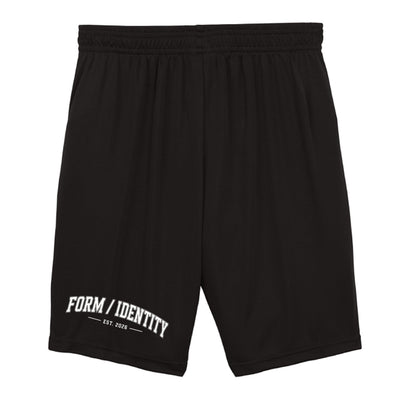 Omina Kids Youth black shorts with elastic waistband and white 'FORM / IDENTITY EST. 2026' graphic.