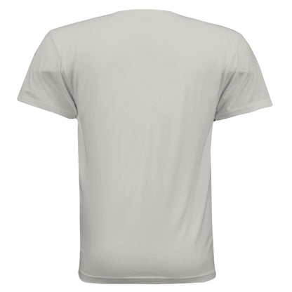 Back view of Omina heavyweight cotton t-shirt in a neutral light grey color with a relaxed fit and dropped shoulders.