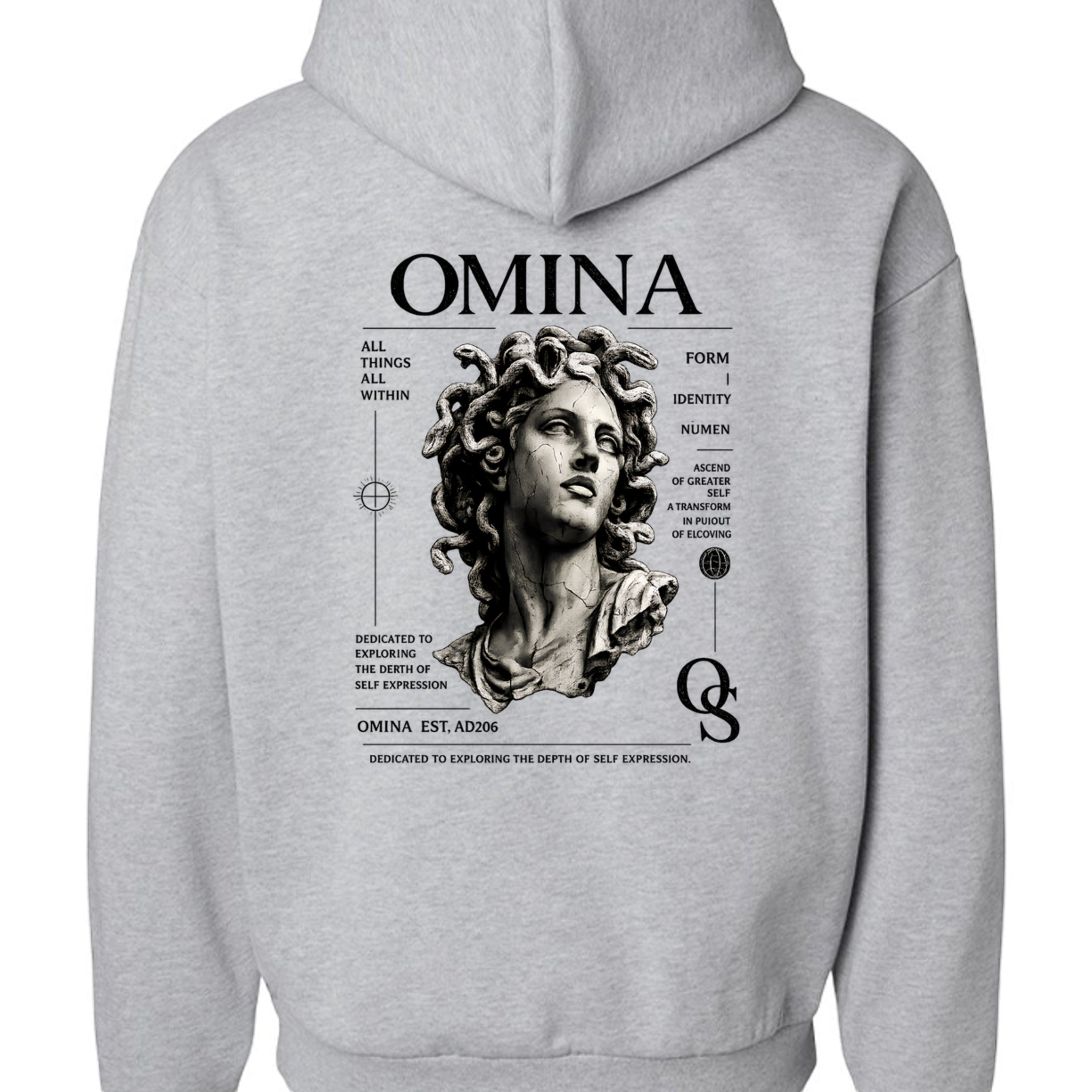 Omina grey cotton hoodie with a graphic print of the Medusa bust, inspired by classical sculpture and streetwear design.