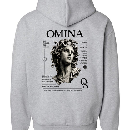 Omina grey cotton hoodie with a graphic print of the Medusa bust, inspired by classical sculpture and streetwear design.