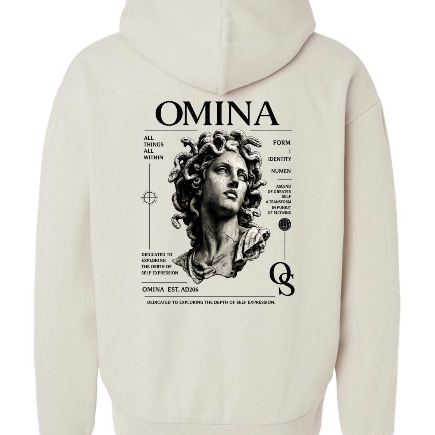 Omina Studio cream cotton hoodie with a graphic print of the Medusa bust, inspired by classical sculpture.