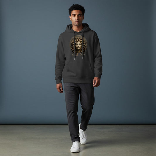 Omina Studio dark grey heavyweight hoodie with Medusa bust graphic and Omina logo.