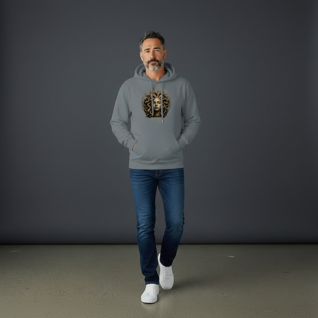 Omina Studio grey heavyweight hoodie with Medusa bust graphic and logo. Relaxed fit, long sleeves, kangaroo pocket.