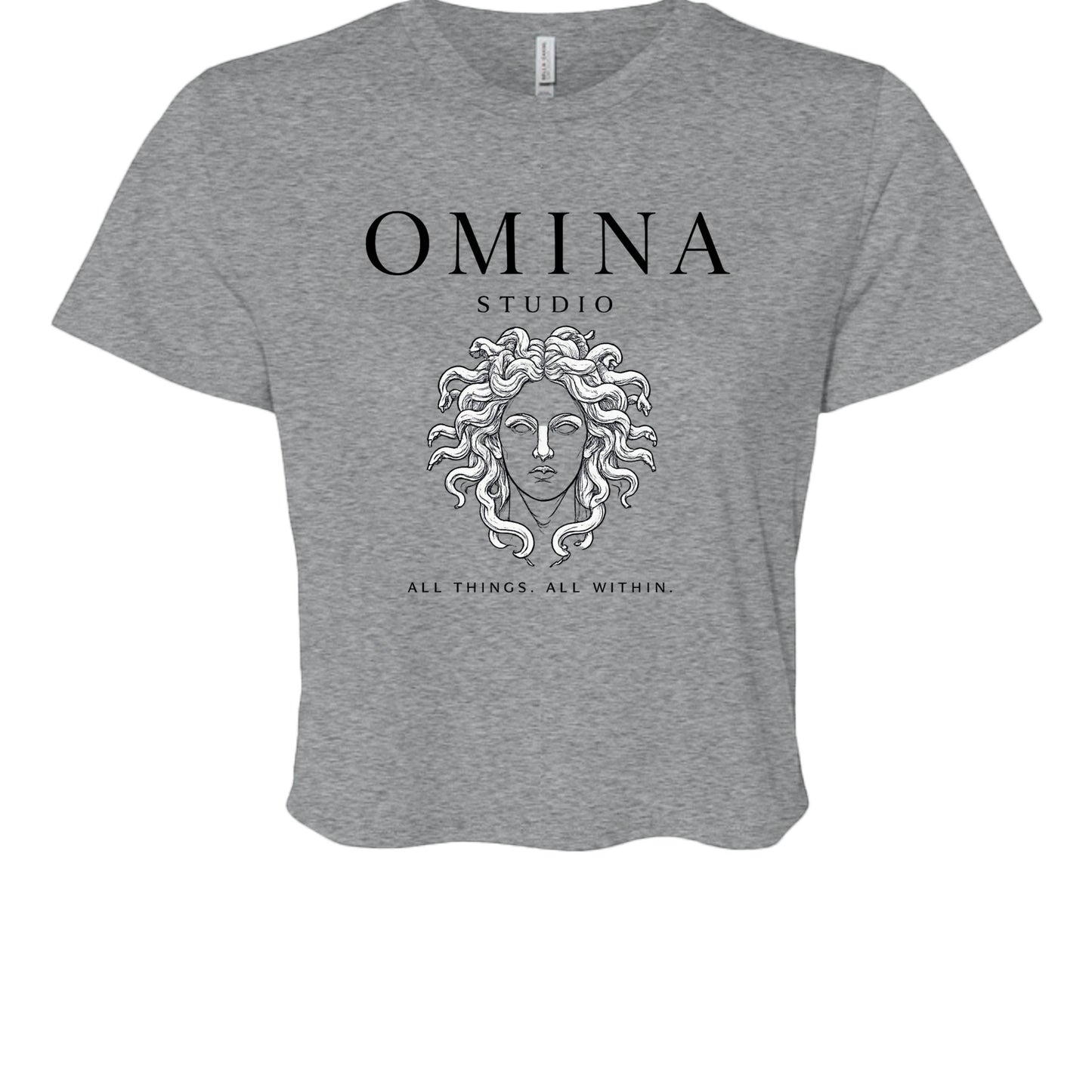Omina Studio grey cotton crop top with Medusa graphic and