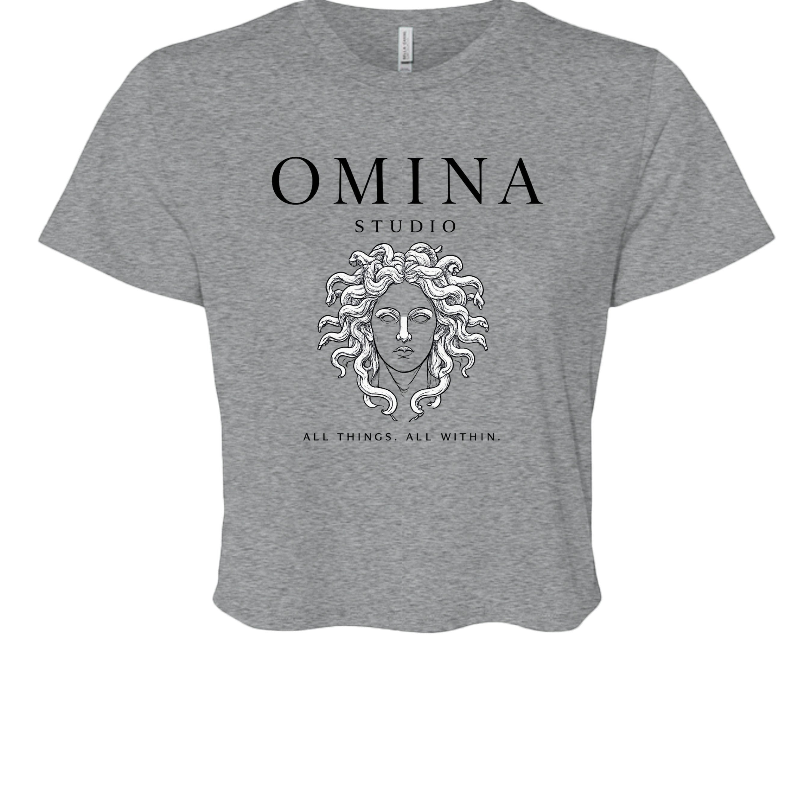 Omina Studio grey cotton crop top with Medusa graphic and