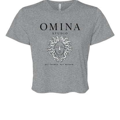 Omina Studio grey cotton crop top with Medusa graphic and