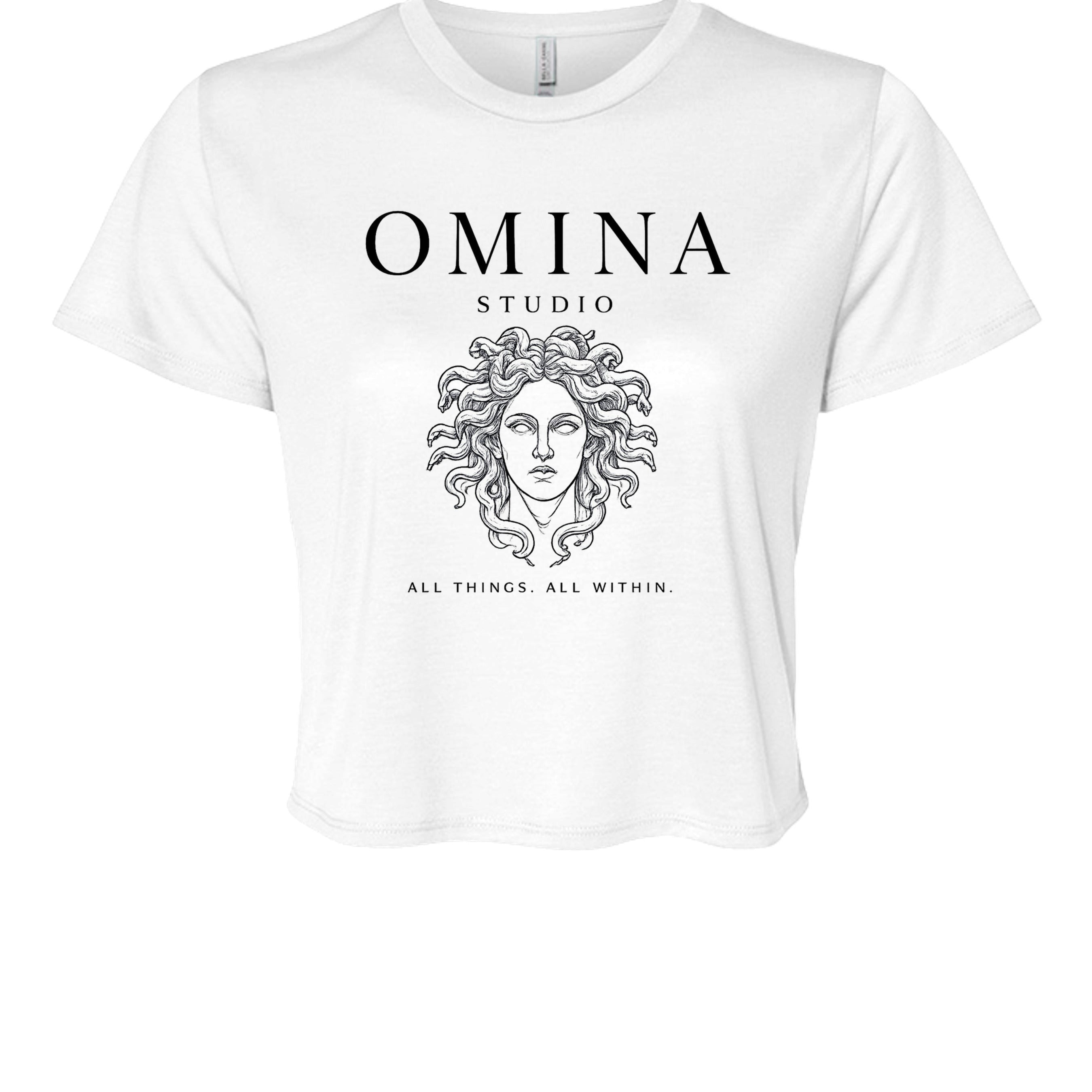 Omina Studio white cotton cropped t-shirt with Medusa graphic and "All Things, All Within" text.