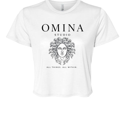 Omina Studio white cotton cropped t-shirt with Medusa graphic and "All Things, All Within" text.