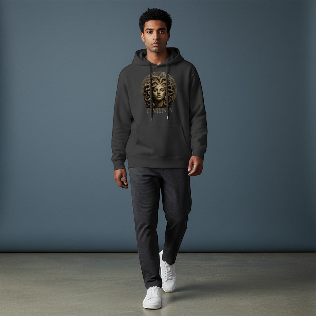Omina charcoal grey cotton blend hoodie with a striking metallic gold Medusa graphic and drawstring hood.