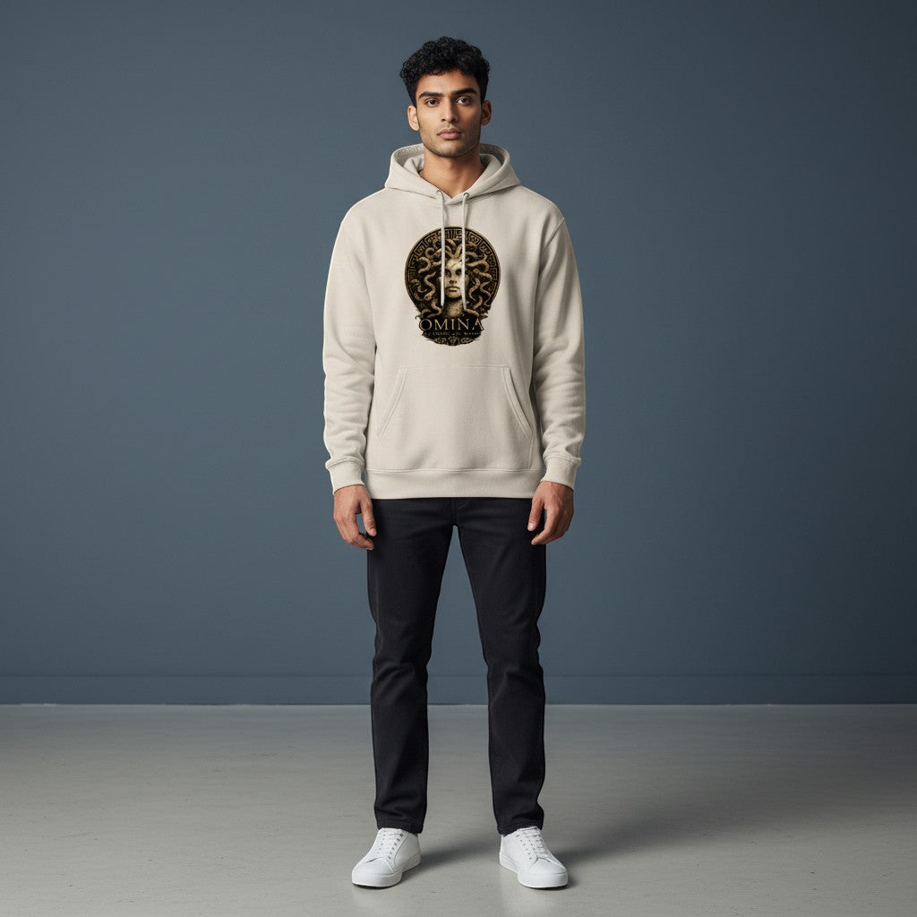 Omina cream graphic print hoodie sweatshirt with a Medusa design on the front. Relaxed fit with drawstring hood and kangaroo pocket.